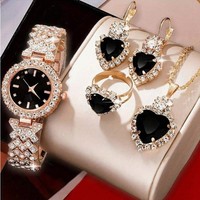 Ensemble de bijoux de luxe pour femmes, 4 pièces, montre à quartz, zircon, or rose, Diwali, Eid, Ramadan, boucles d'oreilles, collier, bague, sur mesure