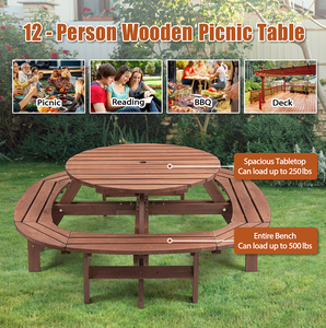 12-Person Modern Portable <b>Round</b> <b>Outdoor</b> Wooden Picnic <b>Table</b> for Patio Backyard Garden - Product Image 2