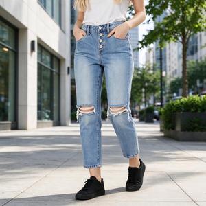Jean droit déchiré taille haute <span class=keywords><strong>pour</strong></span> femme, coupe courte, idéal <span class=keywords><strong>pour</strong></span> les sorties décontractées et les journées d'automne - Product Image 2