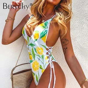 2022 Body Suit One Piece Swimsuit Sexy Cut Out Swimwear Women Beach Wear Lemon Print Bandage Brazilian Bodysuit Bathing Suit