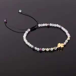 New Fashion Design 3mm Faceted Gemstone Bracelet Stainless Steel 4 Clover Flower Charm Macrame Adjustable Bracelet