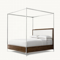 Lit à baldaquin traditionnel Benoit King-Size avec rangement, cadre en chêne massif, plateforme en tissu, tête de lit capitonnée, acier inoxydable