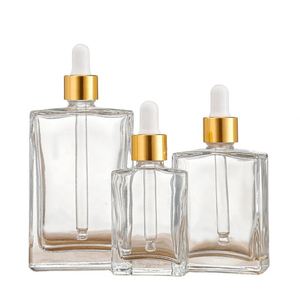 30ml 50ml 100ml Rectangle Clear Glass Serum <b>Dropper</b> <b>Bottles</b> Skin Care Essential Oil Gold Sliver Bamboo Cap Screen Printed Custom - Product Image 3