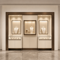 Présentoir mural pour montres et bijoux blanc crème, cadre or champagne, niche murale cannelée, vitrine en verre, armoire de rangement et éclairage LED