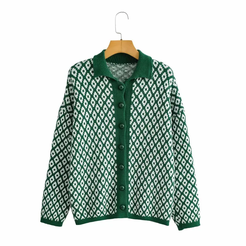 Autumn Sweater Buttons Long Sleeve Custom OEM Cropped Knitted Women's Plaid Green Cardigan