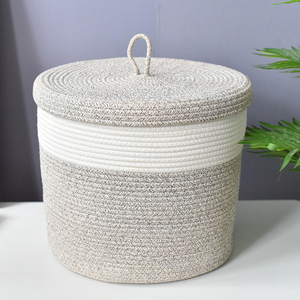 Grand panier à <span class=keywords><strong>linge</strong></span> en <span class=keywords><strong>corde</strong></span> de coton avec couvercle, bac de rangement tressé gris et blanc, organisateur de jouets, panier à <span class=keywords><strong>linge</strong></span>, boîte de rangement pour chambre d'enfant - Product Image 1