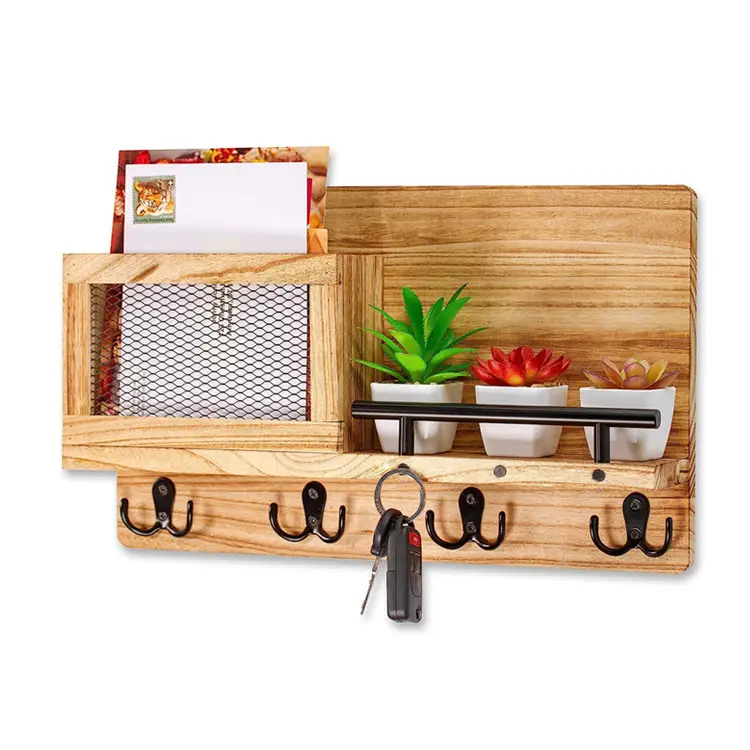 Mail & Chave Organizadores De Parede Home Entryway Mail Organizer Floating Shelf Wood Key Hooks Holder For Decorative Wall