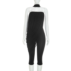 Viviblook Q26JP134 Mono de una pieza ajustado sin mangas y sin tirantes con malla y parches de color liso para mujer con pañuelo - Product Image 1