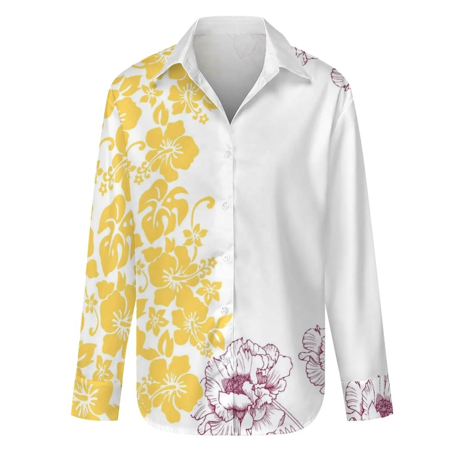 Großhandel Hibiskus Tropical Floral Print Casual Party Frauen Shirt Hawaiian Polynesian Tribal Design Office Shirt Bluse