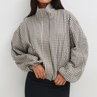 Veste courte à carreaux surdimensionnée avec poches, design personnalisé pour femmes, vente en gros