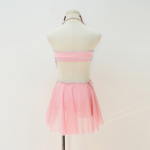 Vestido de Danza Lírica Rosa para Niñas, con Cuello Halter, para Ballet, Patinaje Artístico Contemporáneo, con Cuentas de Cristal, para Actuaciones en Escenario - Product Image 3