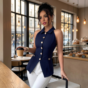 Chaleco Elegante de Punto sin Mangas para Mujer con Cuello Vuelto y Botones Dorados, Color Azul Marino Sólido, Largo Regular - Product Image 3