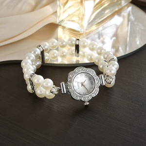 <span class=keywords><strong>Montre</strong></span> à quartz décontractée pour <span class=keywords><strong>femme</strong></span> avec <span class=keywords><strong>bracelet</strong></span> élastique à <span class=keywords><strong>double</strong></span> rang de perles, incrustations de cristaux et boîtier en alliage, cadran à chiffres arabes - Product Image 6