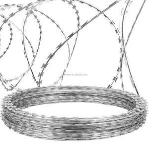 Double Coils Razor Barbed Wire GI PVC Silver 500mm 246 Ft, 5 Turns 49 ft Blade Barbed Wire Rust Free Blade Strip