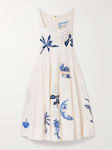 Abito Midi in <span class=keywords><strong>Lino</strong></span> Bianco Personalizzato con Applicazioni Floreali Ricamate per <span class=keywords><strong>Donna</strong></span>, Collo Quadrato, Elegante e Casual per l'Estate - Product Image 2