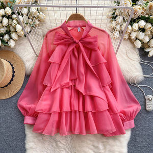 Blouses décontractées à manches longues et nœud à volants pour femmes, chemises à manches bouffantes, hauts doux pour dames, vêtements - Product Image 1