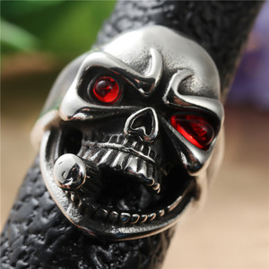 Skeleton <b>Skull</b> <b>Ring</b> Silver Red Eyes Men's Punk Jewelry Gift Retro Style - Product Image 4