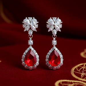 ต่างหูรูปดอกไม้หรูหราประดับเพชรทรงหยดน้ำสีแดงและคริสตัลไรน์สโตนสำหรับผู้หญิงเครื่องประดับงานแต่งงาน - Product Image 2