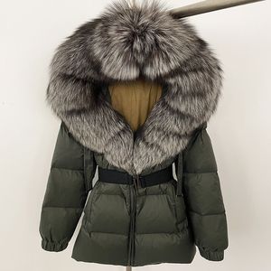 Personalizzazione di lusso di grandi dimensioni in vera pelliccia con cappuccio caldo da <span class=keywords><strong>donna</strong></span> piumino d'anatra invernale spesso caldo cappotto con cintura da <span class=keywords><strong>donna</strong></span> - Product Image 5
