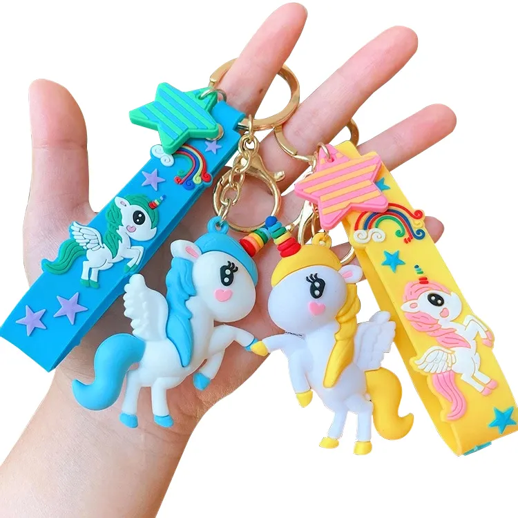 Hot Selling Cute Cartoon 3D PVC Animal Unicorn Keychain with Rope Toys Kid Key Ring Chains