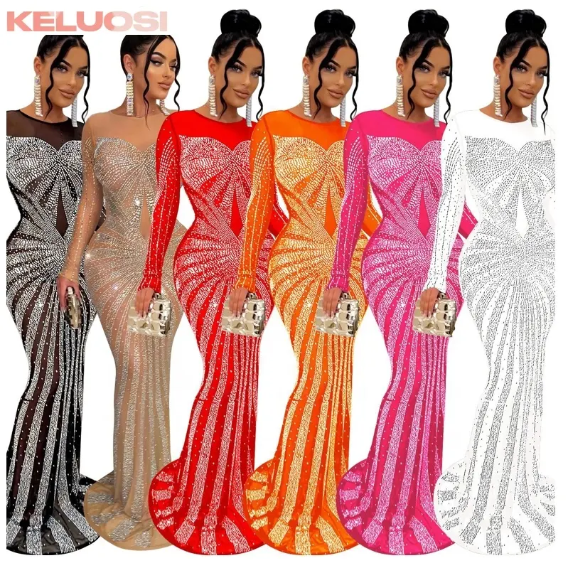 Solid Color Mesh See Through Party Rhinestone Sequin Diamonds Prom Dress Women Elegant Long Sleeve Elegant Sexy Maxi Dresses