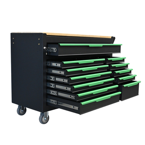 Premium Black and Green Rolling Tool Cabinet with 12 <b>Lockable</b> <b>Drawers</b> and Wooden Worktop for Garage Use - Product Image 2