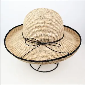 C 넓은 챙 라피아 밀짚 크로 셰 뜨개질 여름 모자 비치 모자 여성용 밀짚