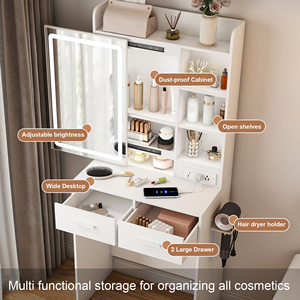 <strong>Small</strong> <strong>Makeup</strong> Vanity <strong>Desk</strong> Mirror Adjustable LED Lights Built-in Power Outlet Hidden Storage Padded Stool Shelf Space-Saving - Product Image 4
