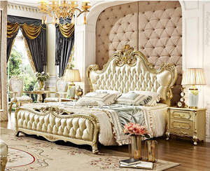 Однотонная дубовая резная двуспальная кровать в Европейском стиле, Золотое шампанское, Главная спальня, свадебная кровать, спальные наборы, продукт - Product Image 2