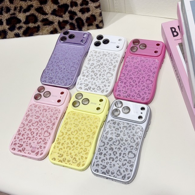 Fashion love Leopard Glitter Phone Case for iPhone 17 16 15 14 13 Pro Max Shockproof Cover with Camera Control Slide Button