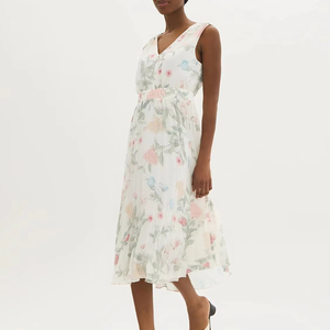 Women's Elegant Pink Green Floral Print V-Neck Sleeveless Pleated Chiffon Midi Dress Romantic Summer Wedding Vacation - Product Image 3