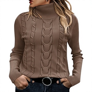 Suéter de cuello alto de punto trenzado para mujer, jersey de manga larga acanalado, ropa de punto informal de invierno al por mayor - Product Image 1
