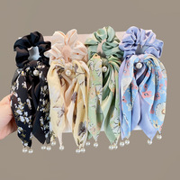 Chouchous à imprimé floral avec nœud perlé, attaches pour cheveux en ruban, porte-queue de cheval, accessoires de coiffure faits à la main pour mariage, pour femmes et filles