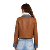 Veste en jean synthétique marron pour femme, style trucker, col patchwork, fermeture éclair, hip-hop, automne-hiver, vente en gros