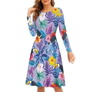 colorful hibiscus with leaf print trendy fall new fashion crewneck long sleeve dress polynesian hawaii fitted and flare dress