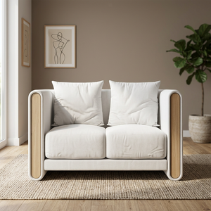 Sofá minimalista de dos plazas con tapicería de tela y brazos de madera para sala de estar - Product Image 5