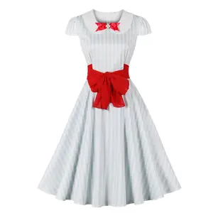 MXN 5332 Shirt collar new style bow tie color vertical stripe tie up waist dress date dress for women