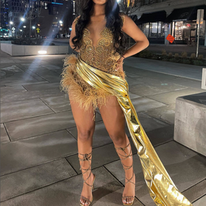 MF Robe de soirée courte moulante transparente sexy en cristal doré brillant, sans manches, à col rond, froncée, respirante, taille naturelle - Product Image 1