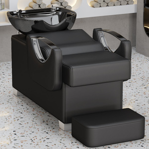 Salón de belleza Barbero Champú Unidad de retrolavado Fregadero Estación Fregadero inclinable de cerámica blanca y negra con asiento Cama <span class=keywords><strong>para</strong></span> lavar el cabello - Product Image 2