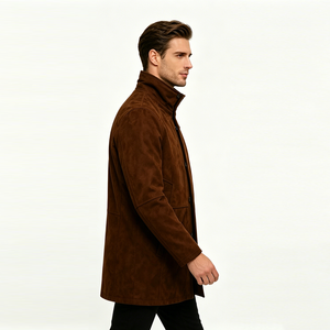 Manteau long en faux <span class=keywords><strong>daim</strong></span> de qualité supérieure pour homme, doublure Sherpa, col montant, fermeture à double zip et boutons, veste chaude décontractée et élégante pour le travail - Product Image 2