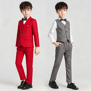 Completo Abito da Cerimonia per Bambini 2026: Completo da Bambino per Spettacoli, Abito da Damigella d'Onore, Stile Inglese in Misto Cotone Rosso - Product Image 5