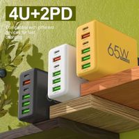Cargador de Pared 6 en 1 de 65W con Carga Rápida, Enchufe para EE. UU., UE y Reino Unido, Adaptador de Cargador de Teléfono USB Tipo C, Bloque de Carga 4USB+2PD