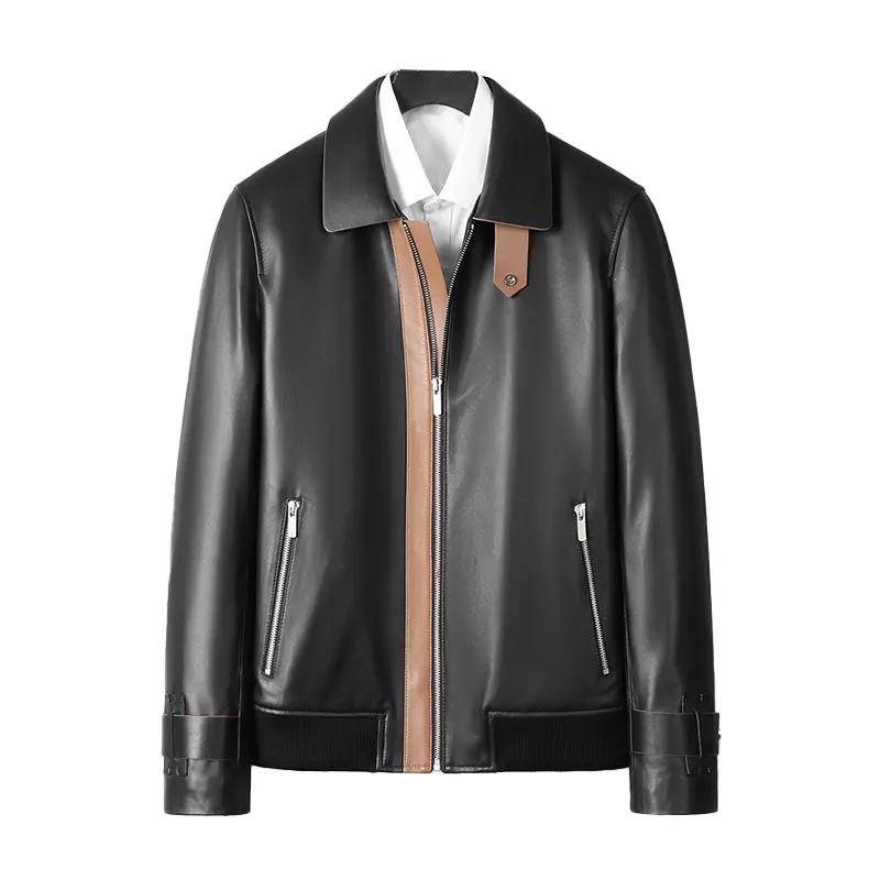 New Arrival Fashion Turn Down Collar Genuine Sheepskin Black Leather Jacket Men