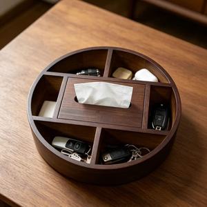 Caja de pañuelos redonda de nogal con organizador de seis compartimentos para sala de estar, mesa de centro, almacenamiento en el dormitorio - Product Image 1