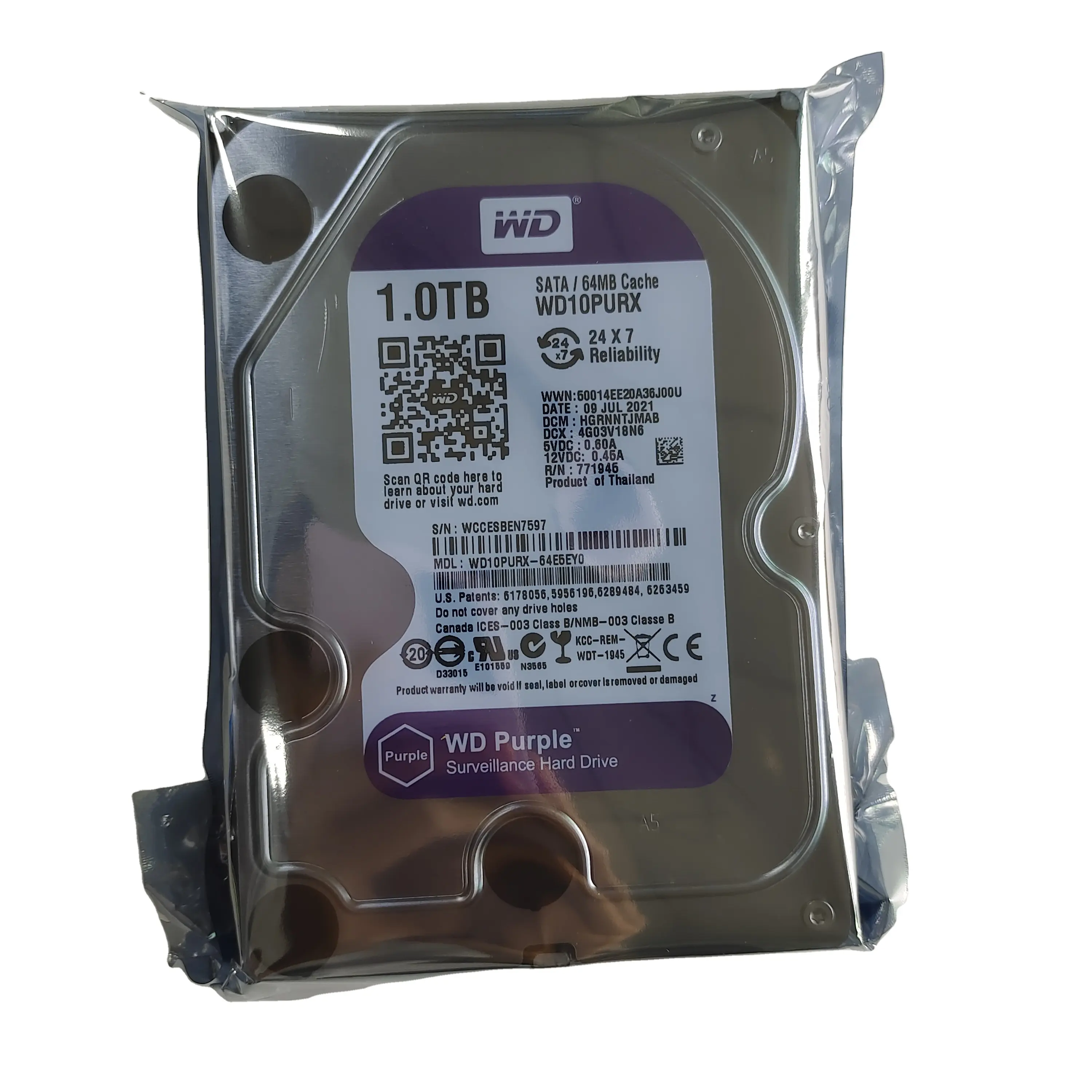 Disque dur violet Hdd Disco Rigido Festplatte systèmes de sécurité Dvr Nvr Wd10purx 1tb 3.5 pouces Sata 5400 Rpm 1tb disques durs