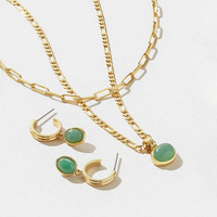 Vintage 18k Plaqué Or Chaîne Collier Vert Jade Gem Boucles D'oreilles Pendentif Ensemble En Acier Inoxydable Bijoux Ensembles De Mariage pour femme