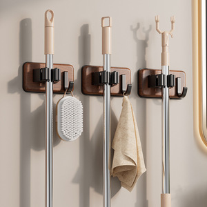 Yunxuan Walnut Wood Mop Holder Wall Mounted Stainless Steel Corner Broom Rack Space Saving Bathroom Storage Hook - Product Image 1