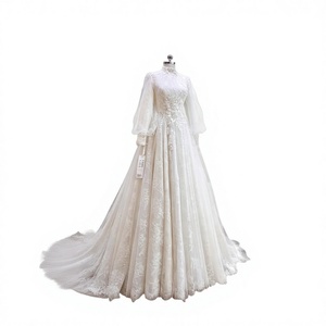 Abito <span class=keywords><strong>da</strong></span> Sposa Bianco Avorio con Applicazioni in Pizzo, Collo Alto, Maniche Lunghe a Sbuffo, Linea ad A e Strascico per <span class=keywords><strong>Cerimonia</strong></span> Nuziale Formale - Product Image 1