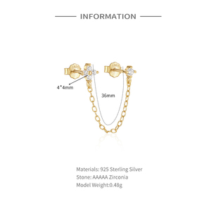 Pendientes CANNER de Plata de Ley 925 con Doble Poste, Baño de Oro de 18K, Flor de Circonita Cúbica y Cadena Colgante, Pendientes de Dos Agujeros - Product Image 6