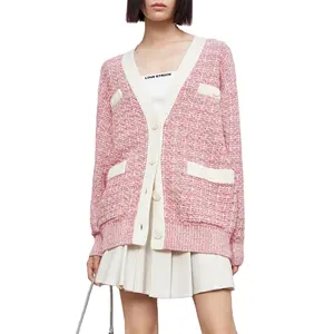 High-End Fashion Women's Wool Blended Solid Pattern V-Neck Knitted Cardigan Warm Long Sweater Jacket Casual Style Top